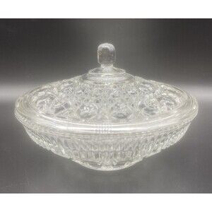 VTG Indiana Glass Clear Windsor Button & Cane Pattern Covered Candy Dish 7.5”